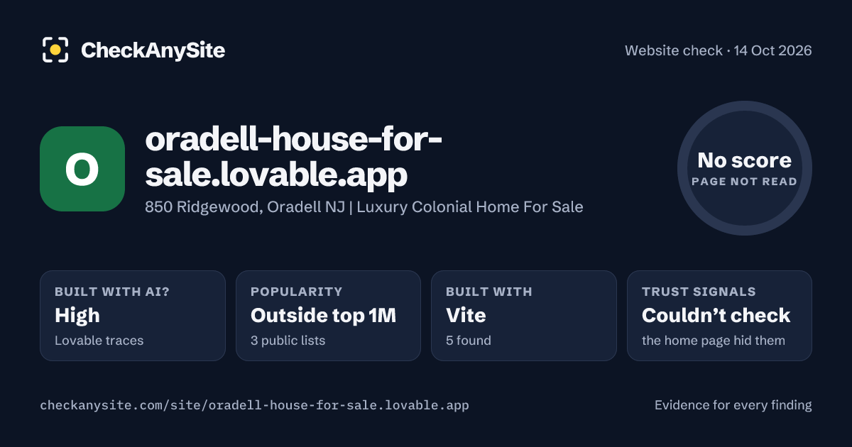 oradell-house-for-sale.lovable.app on CheckAnySite: AI traces high, popularity Outside top 1M, no score.