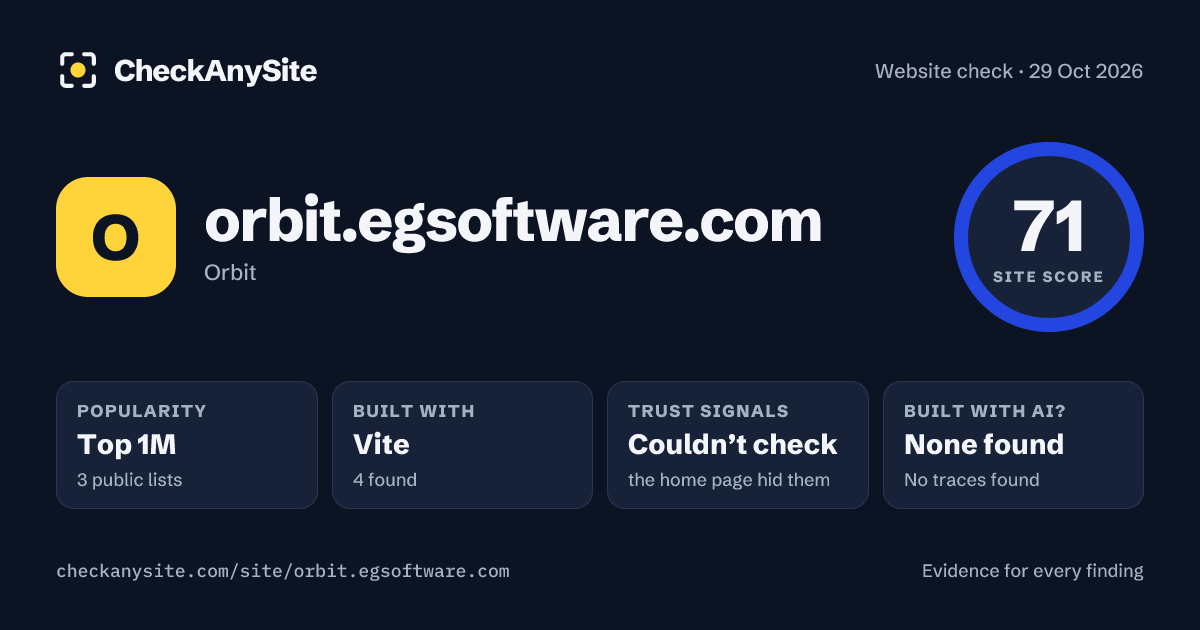 orbit.egsoftware.com on CheckAnySite: AI traces none found, popularity Top 1M, site score 71 of 100.