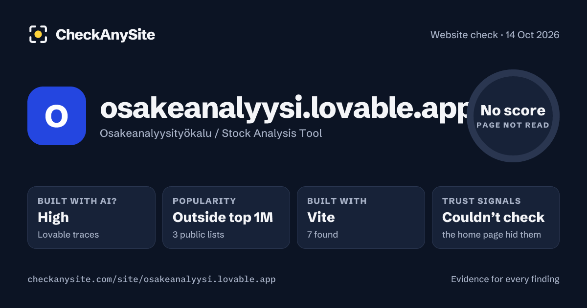osakeanalyysi.lovable.app on CheckAnySite: AI traces high, popularity Outside top 1M, no score.