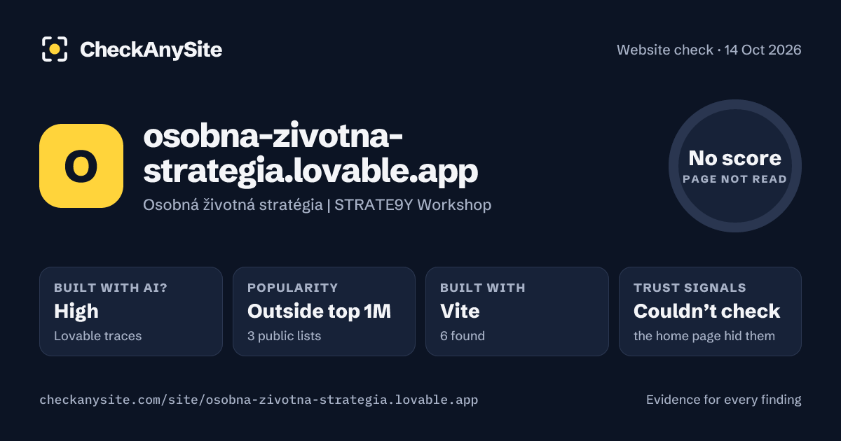 osobna-zivotna-strategia.lovable.app on CheckAnySite: AI traces high, popularity Outside top 1M, no score.
