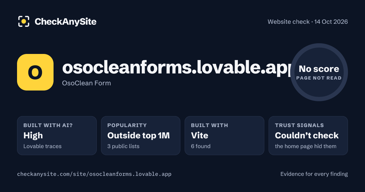 osocleanforms.lovable.app on CheckAnySite: AI traces high, popularity Outside top 1M, no score.