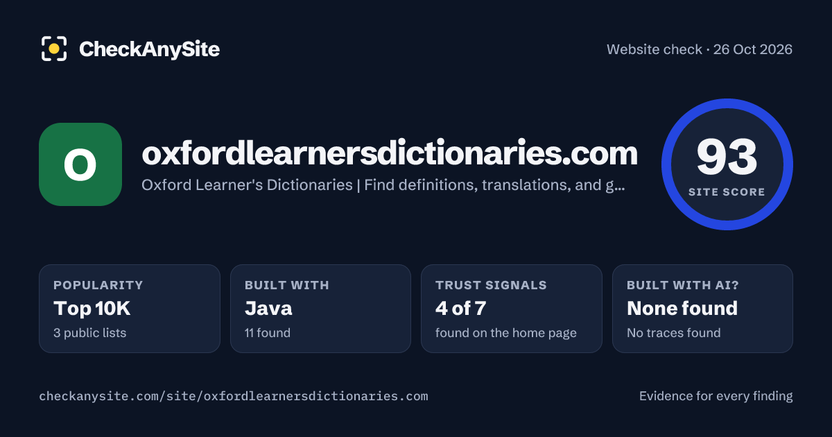 oxfordlearnersdictionaries.com on CheckAnySite: AI traces none found, popularity Top 10K, site score 93 of 100.
