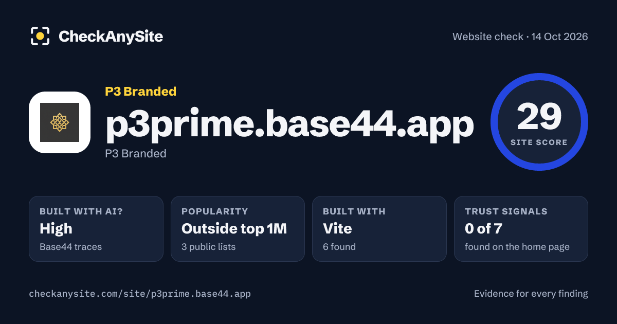 p3prime.base44.app on CheckAnySite: AI traces high, popularity Outside top 1M, site score 29 of 100.