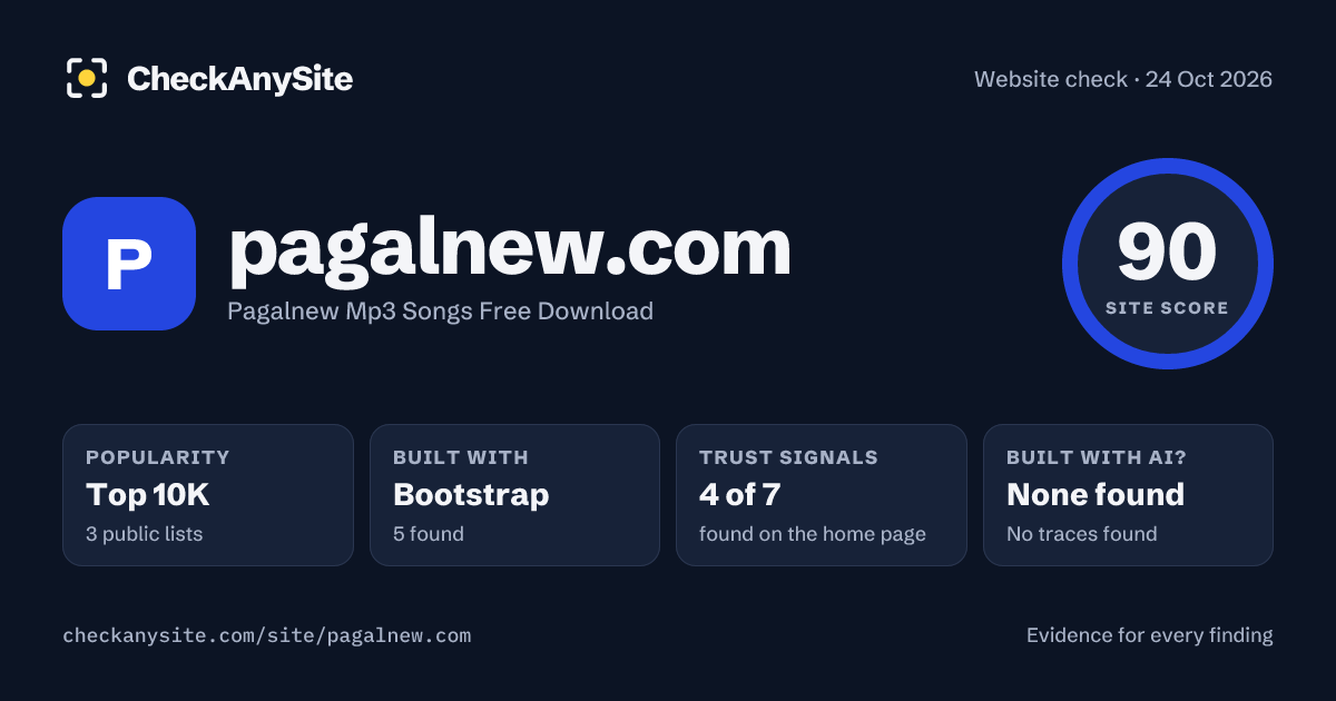 pagalnew.com on CheckAnySite: AI traces none found, popularity Top 10K, site score 90 of 100.