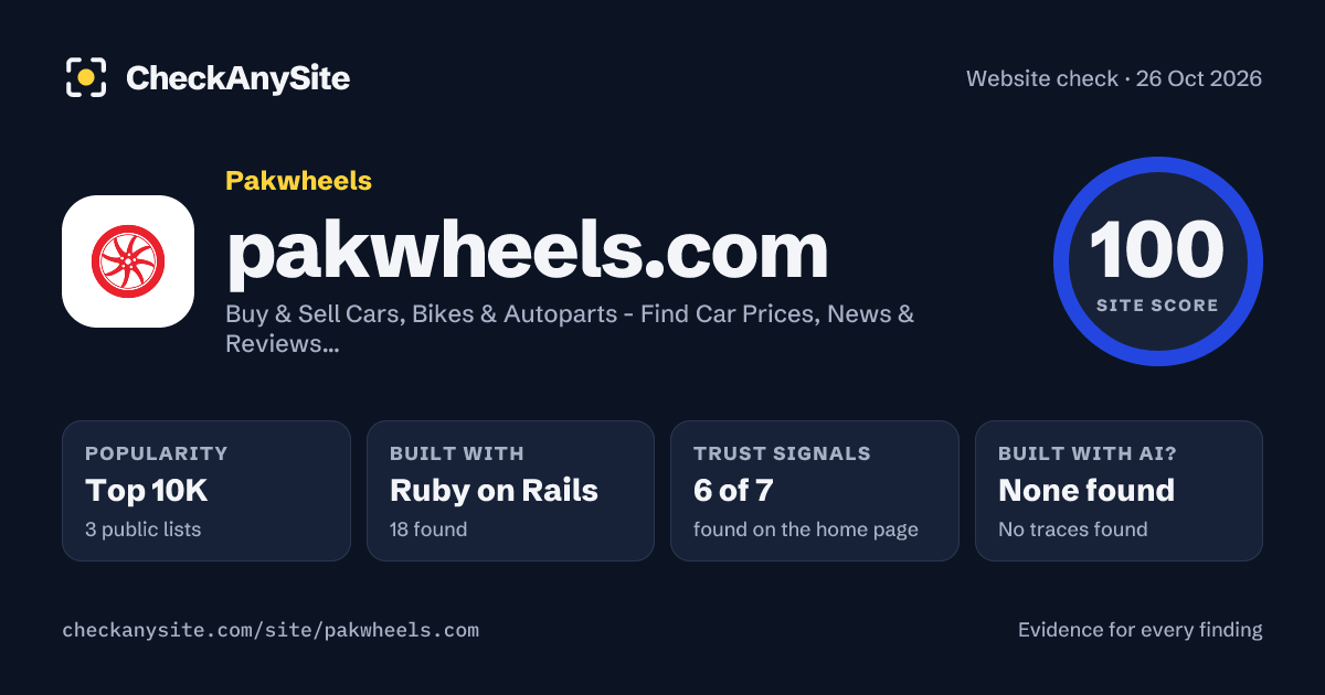 pakwheels.com on CheckAnySite: AI traces none found, popularity Top 10K, site score 100 of 100.