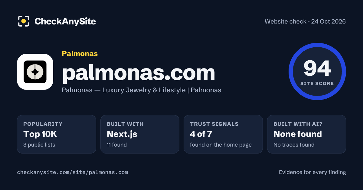 palmonas.com on CheckAnySite: AI traces none found, popularity Top 10K, site score 94 of 100.
