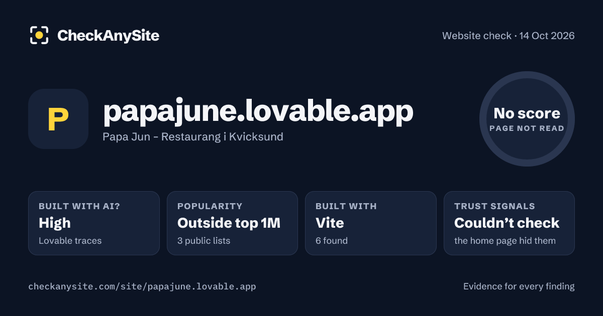 papajune.lovable.app on CheckAnySite: AI traces high, popularity Outside top 1M, no score.