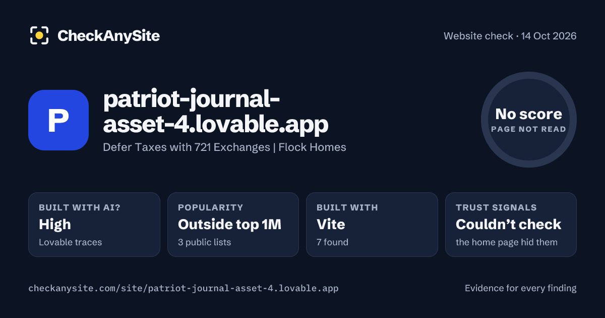 patriot-journal-asset-4.lovable.app on CheckAnySite: AI traces high, popularity Outside top 1M, no score.