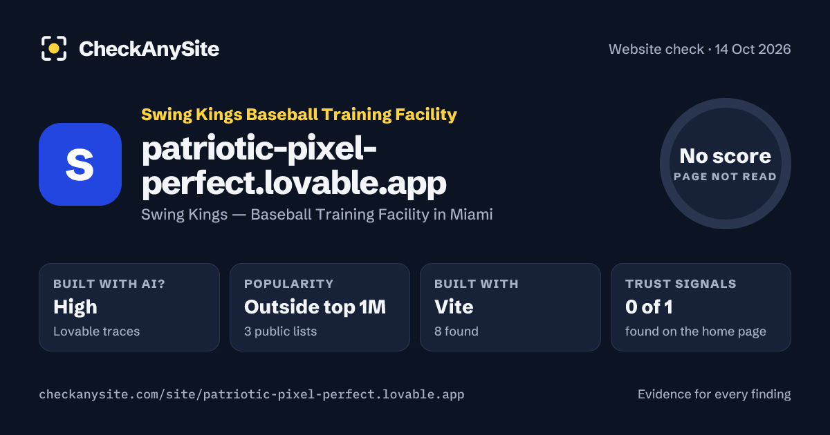 patriotic-pixel-perfect.lovable.app on CheckAnySite: AI traces high, popularity Outside top 1M, no score.