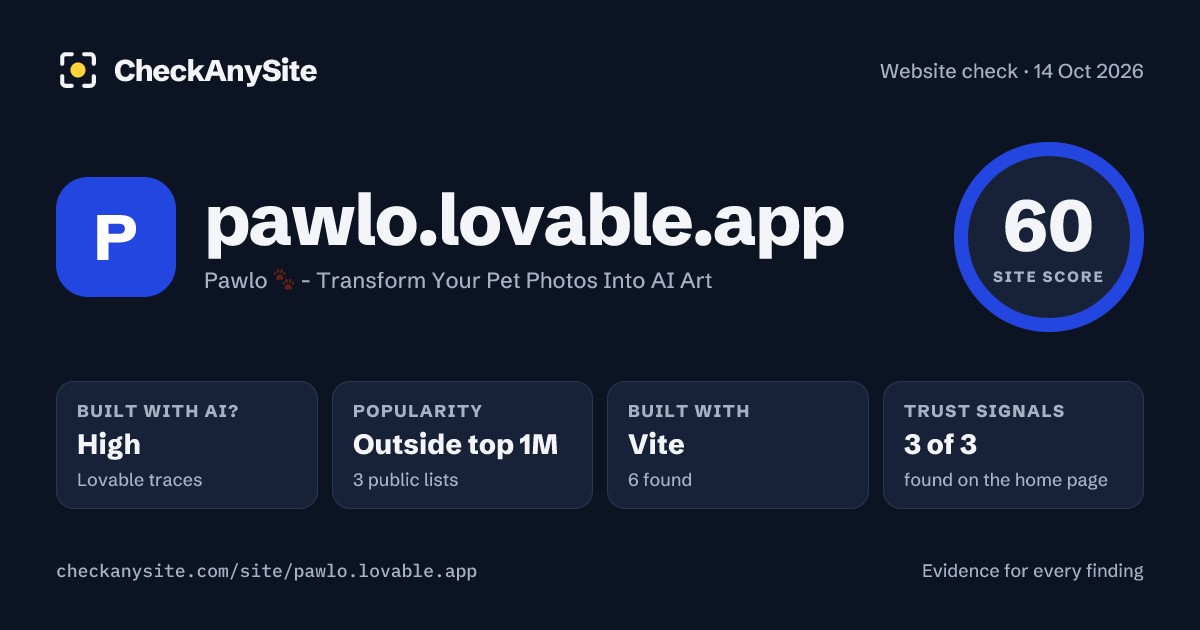 pawlo.lovable.app on CheckAnySite: AI traces high, popularity Outside top 1M, site score 60 of 100.