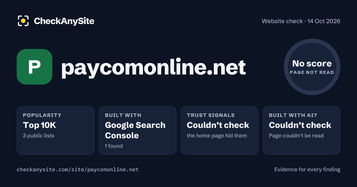 paycomonline.net on CheckAnySite: AI traces couldn’t check, popularity Top 10K, no score.