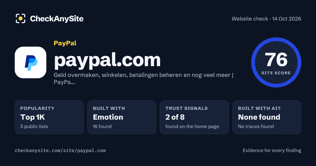 paypal.com on CheckAnySite: AI traces none found, popularity Top 1K, site score 76 of 100.