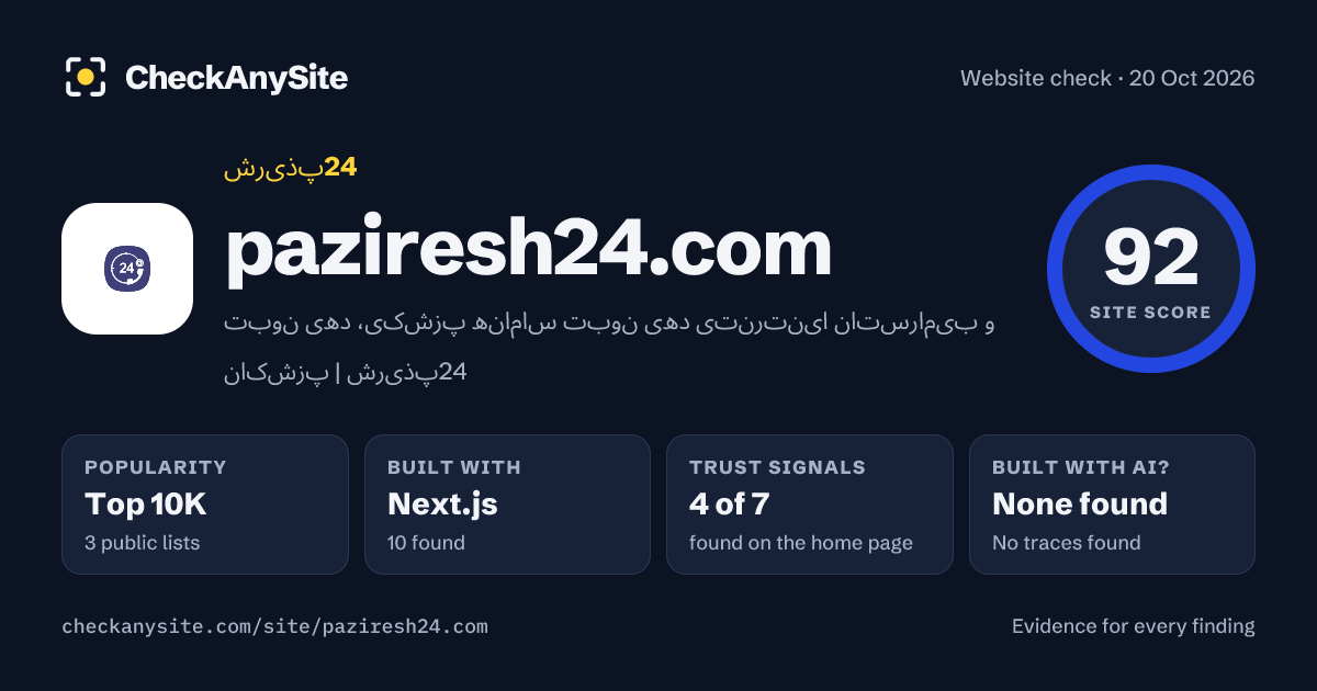 paziresh24.com on CheckAnySite: AI traces none found, popularity Top 10K, site score 92 of 100.