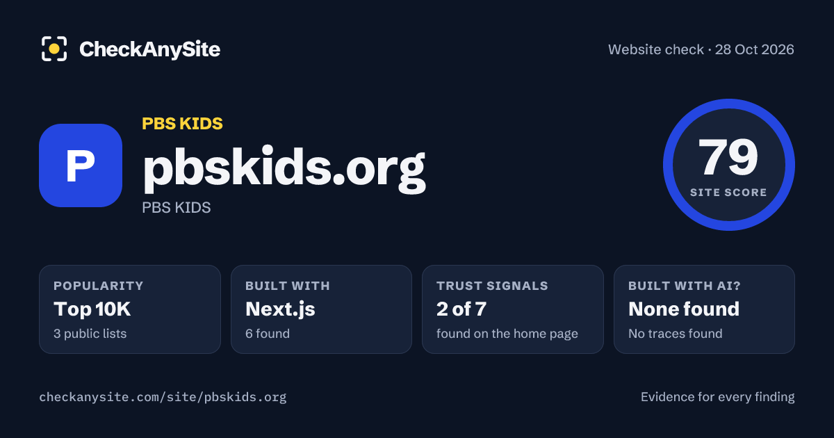 pbskids.org on CheckAnySite: AI traces none found, popularity Top 10K, site score 79 of 100.