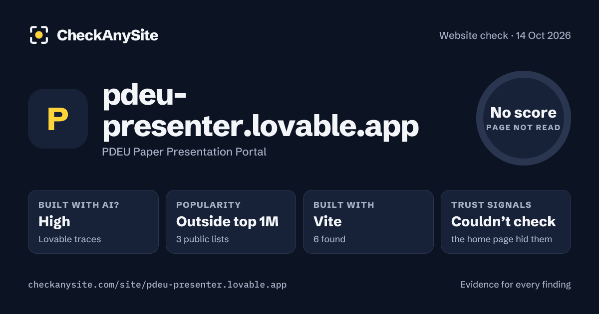pdeu-presenter.lovable.app on CheckAnySite: AI traces high, popularity Outside top 1M, no score.