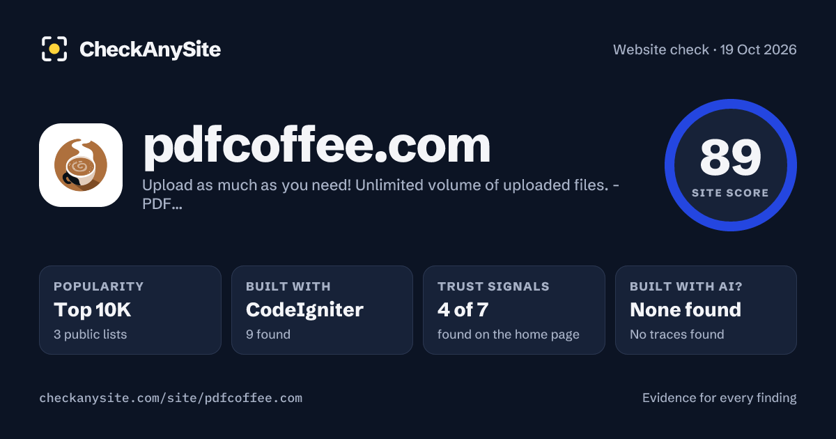 pdfcoffee.com on CheckAnySite: AI traces none found, popularity Top 10K, site score 89 of 100.