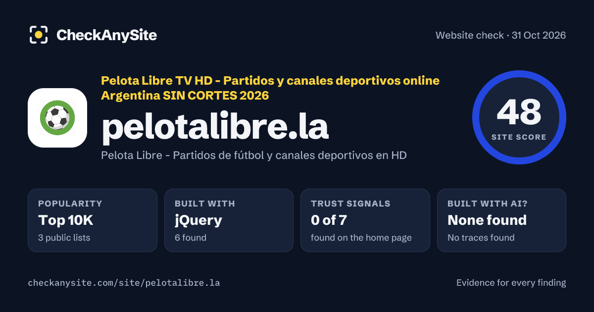 pelotalibre.la on CheckAnySite: AI traces none found, popularity Top 10K, site score 48 of 100.