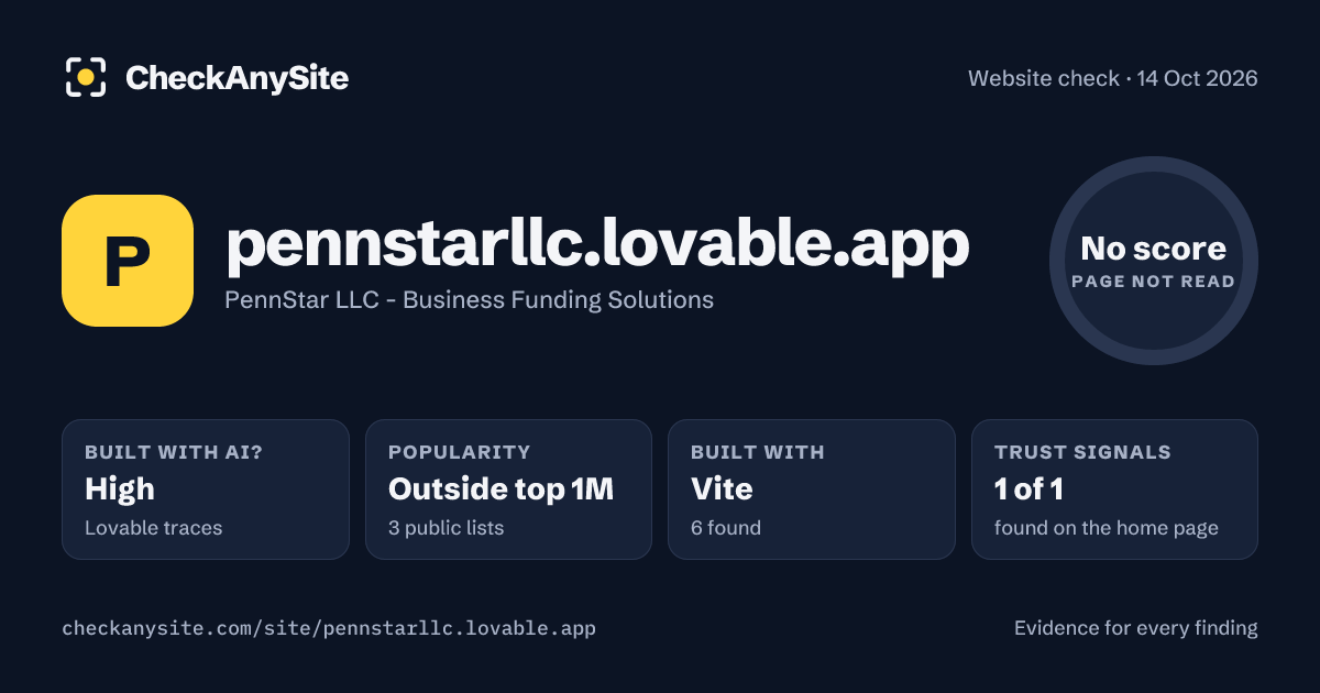 pennstarllc.lovable.app on CheckAnySite: AI traces high, popularity Outside top 1M, no score.