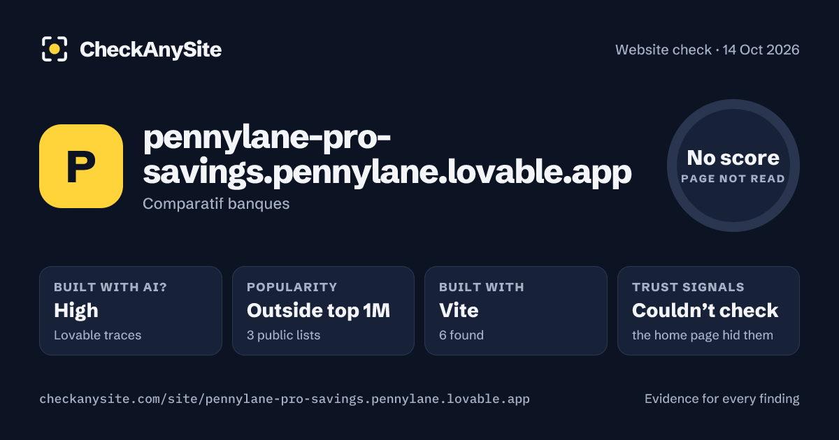 pennylane-pro-savings.pennylane.lovable.app on CheckAnySite: AI traces high, popularity Outside top 1M, no score.