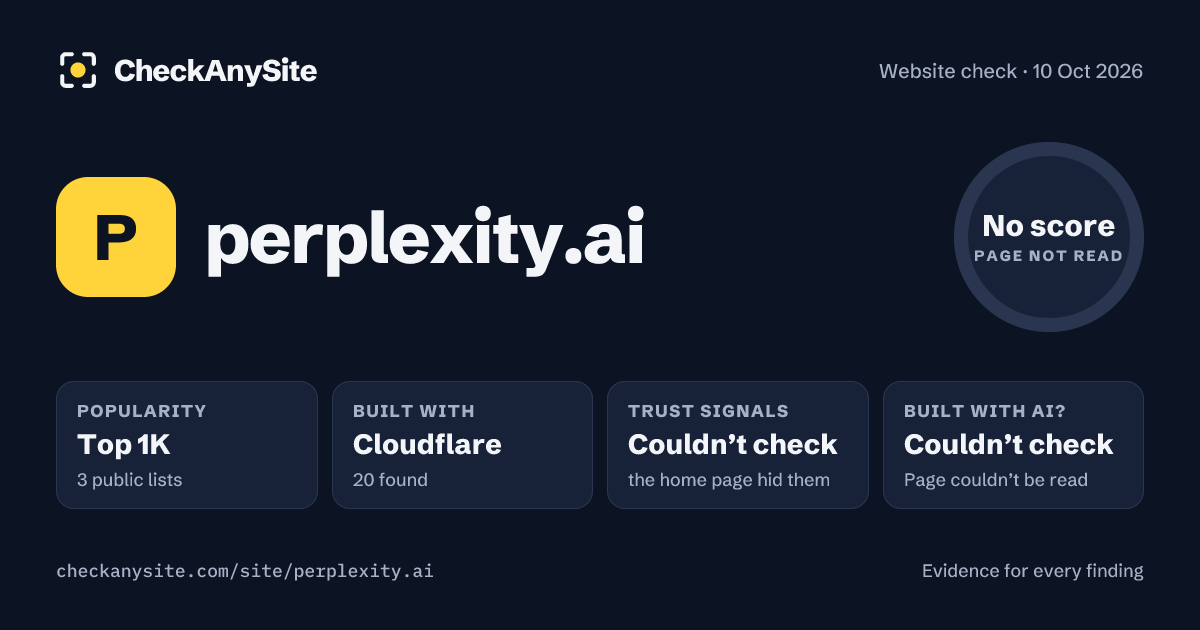 perplexity.ai on CheckAnySite: AI traces couldn’t check, popularity Top 1K, no score.