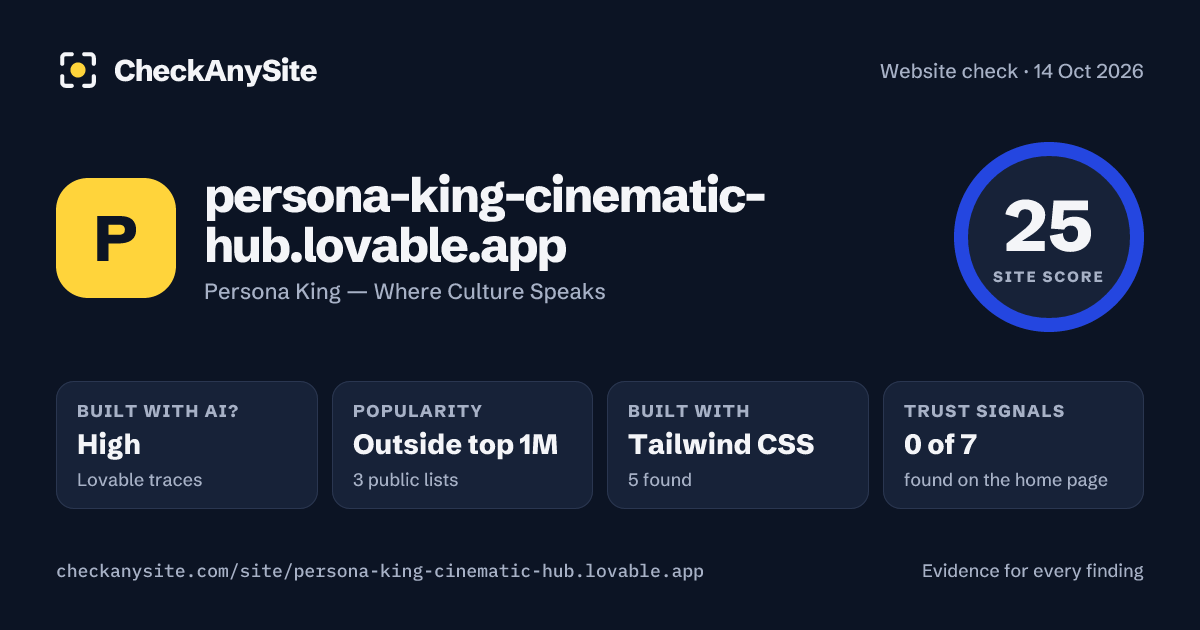persona-king-cinematic-hub.lovable.app on CheckAnySite: AI traces high, popularity Outside top 1M, site score 25 of 100.