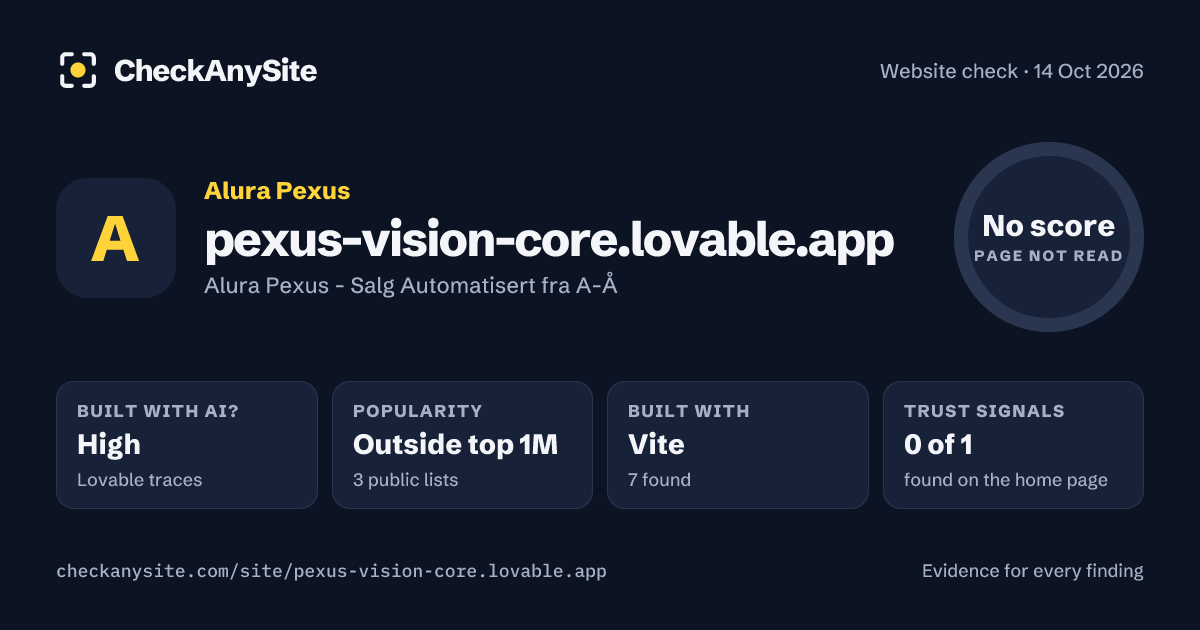 pexus-vision-core.lovable.app on CheckAnySite: AI traces high, popularity Outside top 1M, no score.