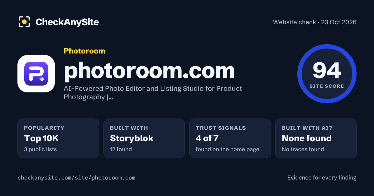 photoroom.com on CheckAnySite: AI traces none found, popularity Top 10K, site score 94 of 100.