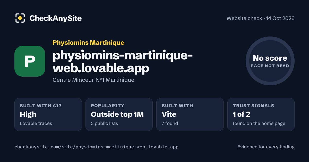 physiomins-martinique-web.lovable.app on CheckAnySite: AI traces high, popularity Outside top 1M, no score.