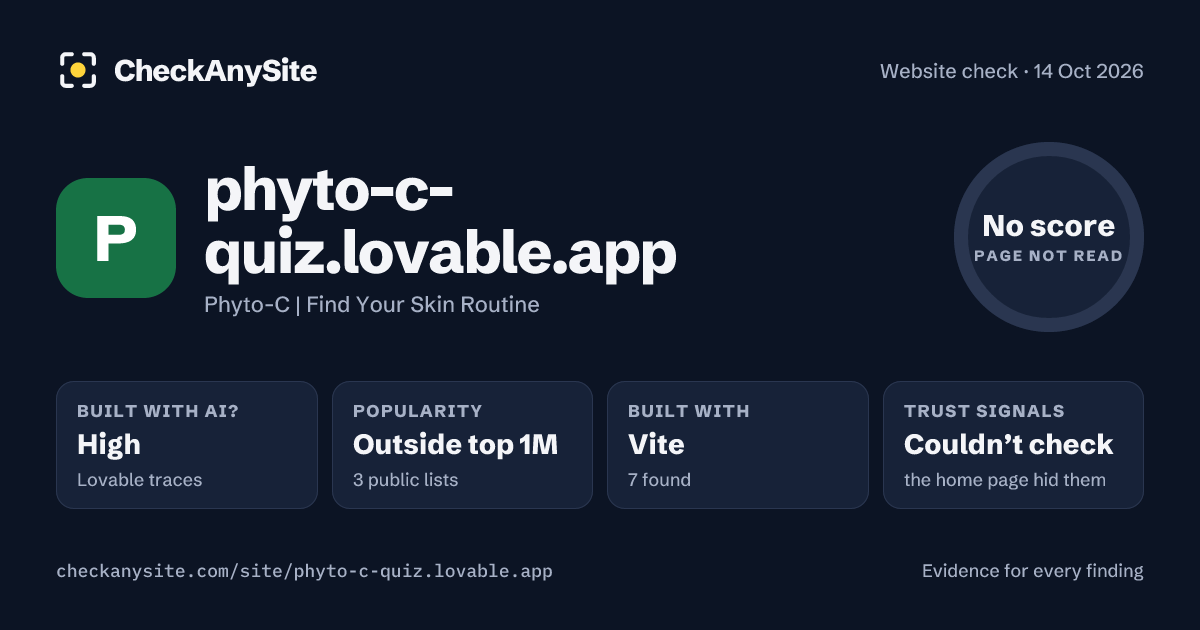 phyto-c-quiz.lovable.app on CheckAnySite: AI traces high, popularity Outside top 1M, no score.