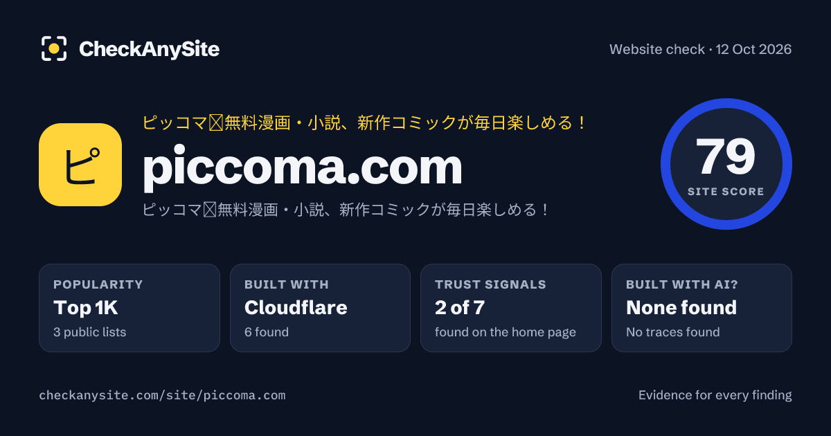 piccoma.com on CheckAnySite: AI traces none found, popularity Top 1K, site score 79 of 100.