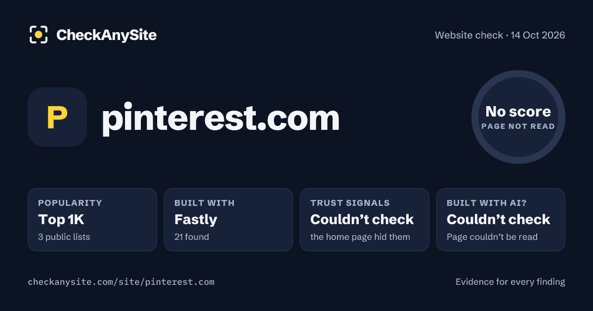 pinterest.com on CheckAnySite: AI traces couldn’t check, popularity Top 1K, no score.