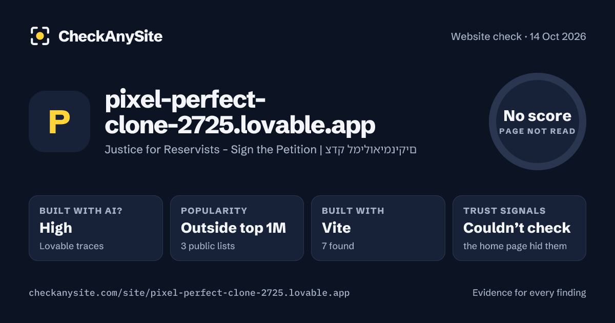 pixel-perfect-clone-2725.lovable.app on CheckAnySite: AI traces high, popularity Outside top 1M, no score.