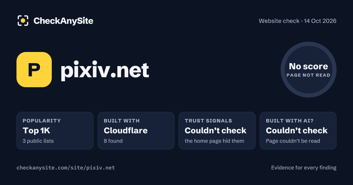 pixiv.net on CheckAnySite: AI traces couldn’t check, popularity Top 1K, no score.