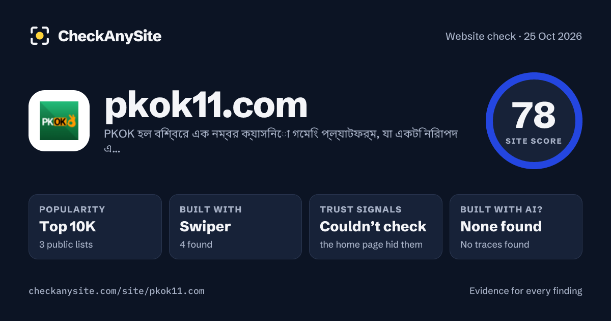 pkok11.com on CheckAnySite: AI traces none found, popularity Top 10K, site score 78 of 100.