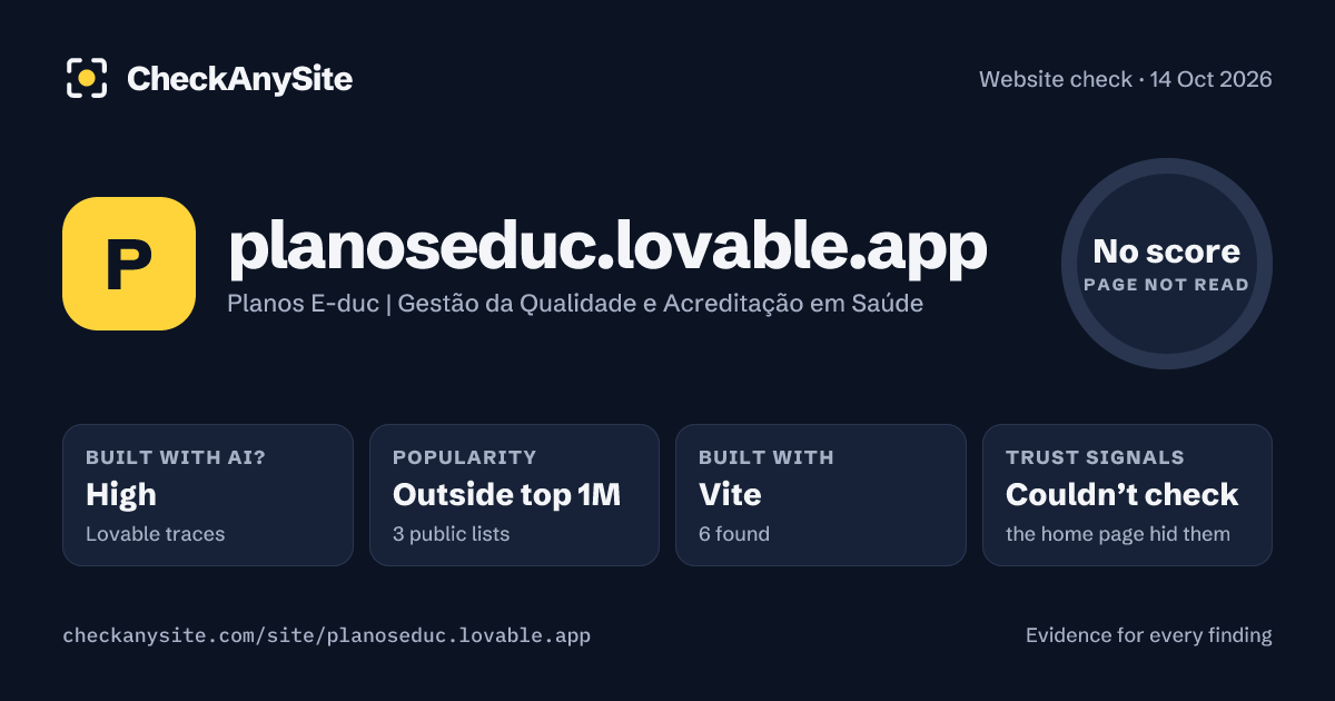 planoseduc.lovable.app on CheckAnySite: AI traces high, popularity Outside top 1M, no score.