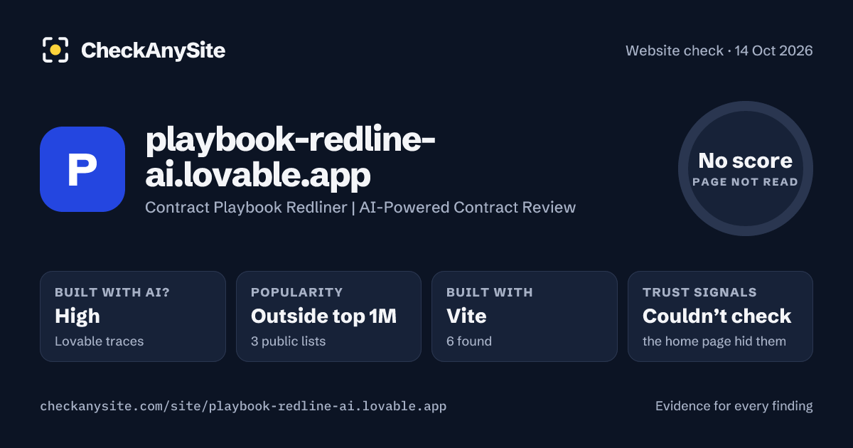 playbook-redline-ai.lovable.app on CheckAnySite: AI traces high, popularity Outside top 1M, no score.