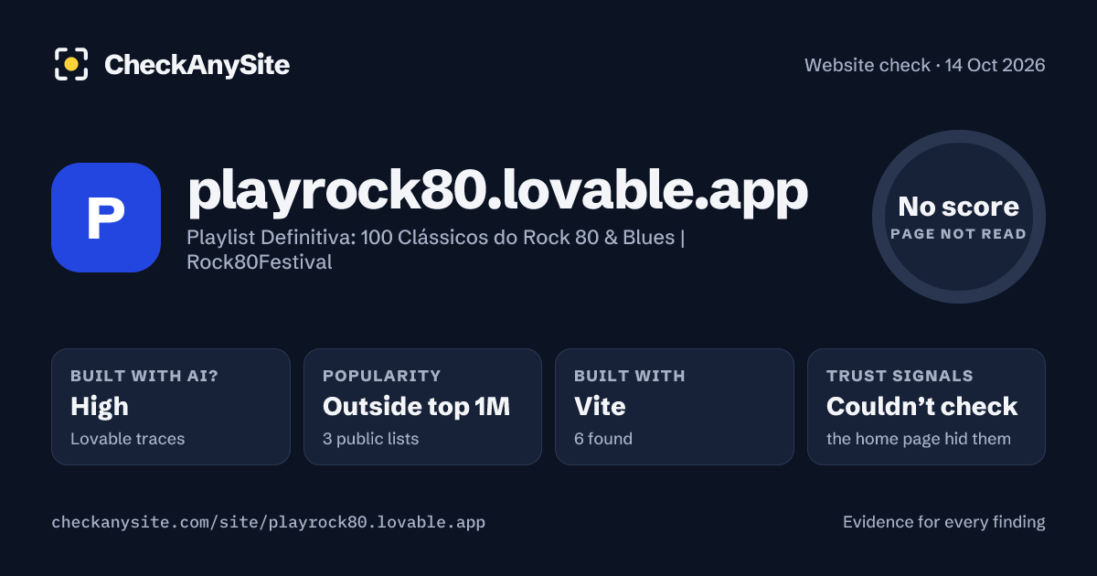 playrock80.lovable.app on CheckAnySite: AI traces high, popularity Outside top 1M, no score.
