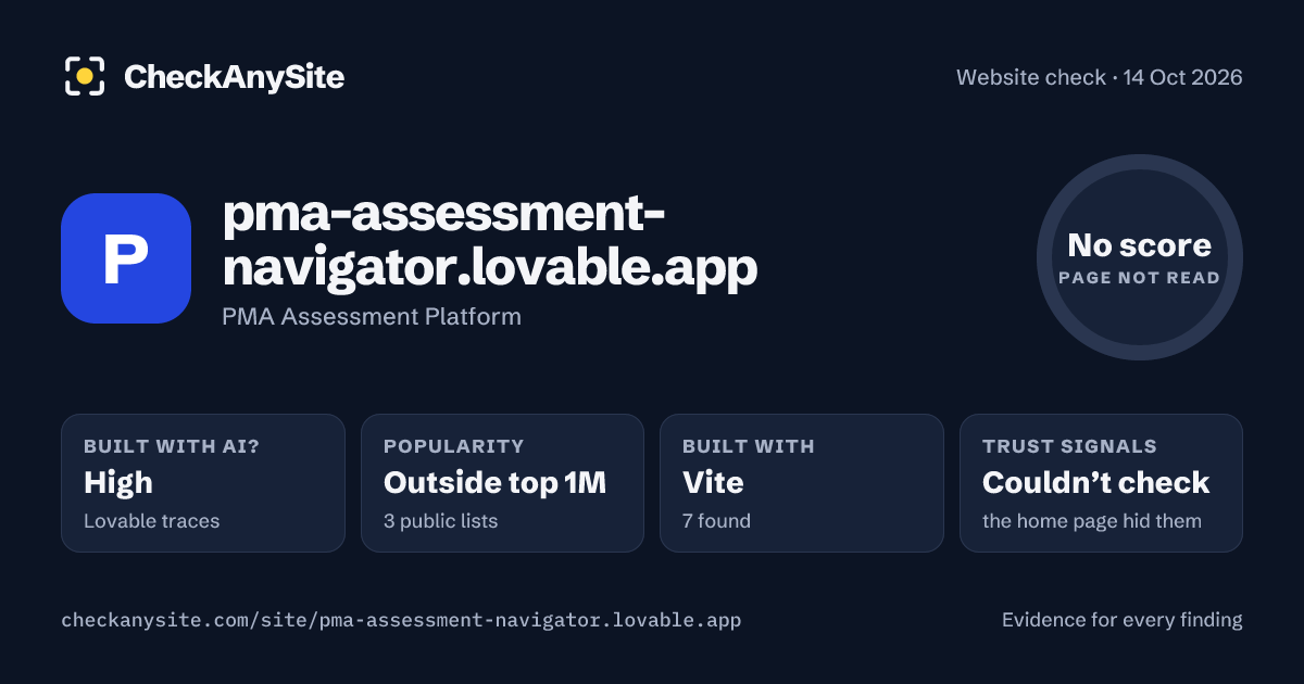 pma-assessment-navigator.lovable.app on CheckAnySite: AI traces high, popularity Outside top 1M, no score.