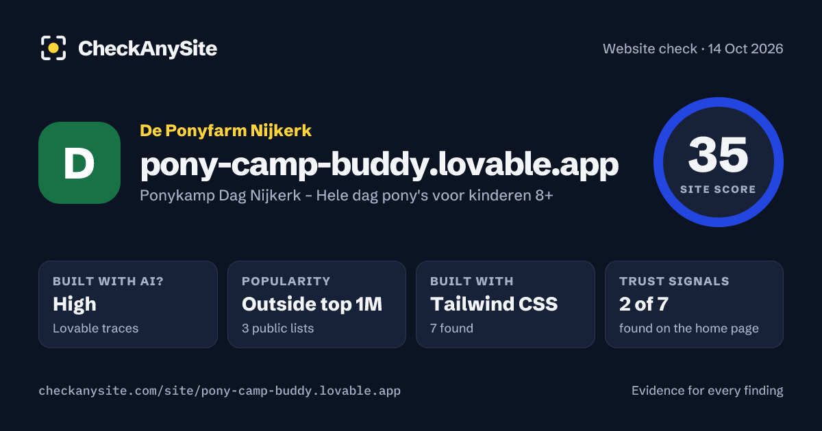 pony-camp-buddy.lovable.app on CheckAnySite: AI traces high, popularity Outside top 1M, site score 35 of 100.
