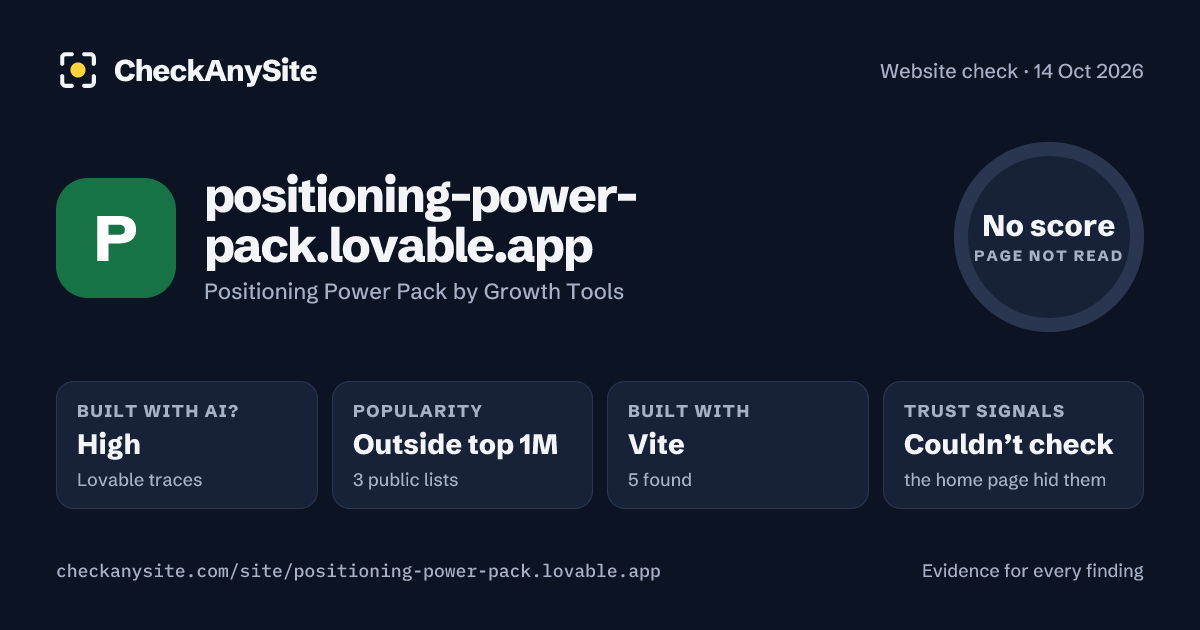 positioning-power-pack.lovable.app on CheckAnySite: AI traces high, popularity Outside top 1M, no score.