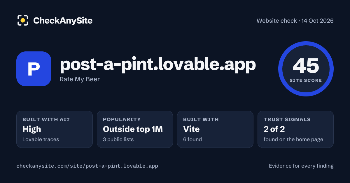 post-a-pint.lovable.app on CheckAnySite: AI traces high, popularity Outside top 1M, site score 45 of 100.