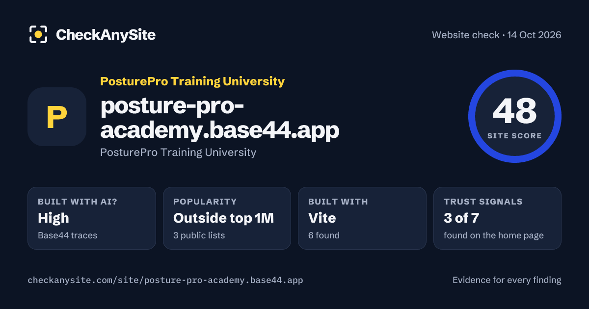 posture-pro-academy.base44.app on CheckAnySite: AI traces high, popularity Outside top 1M, site score 48 of 100.