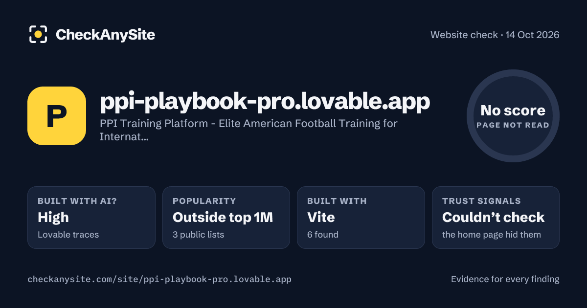 ppi-playbook-pro.lovable.app on CheckAnySite: AI traces high, popularity Outside top 1M, no score.