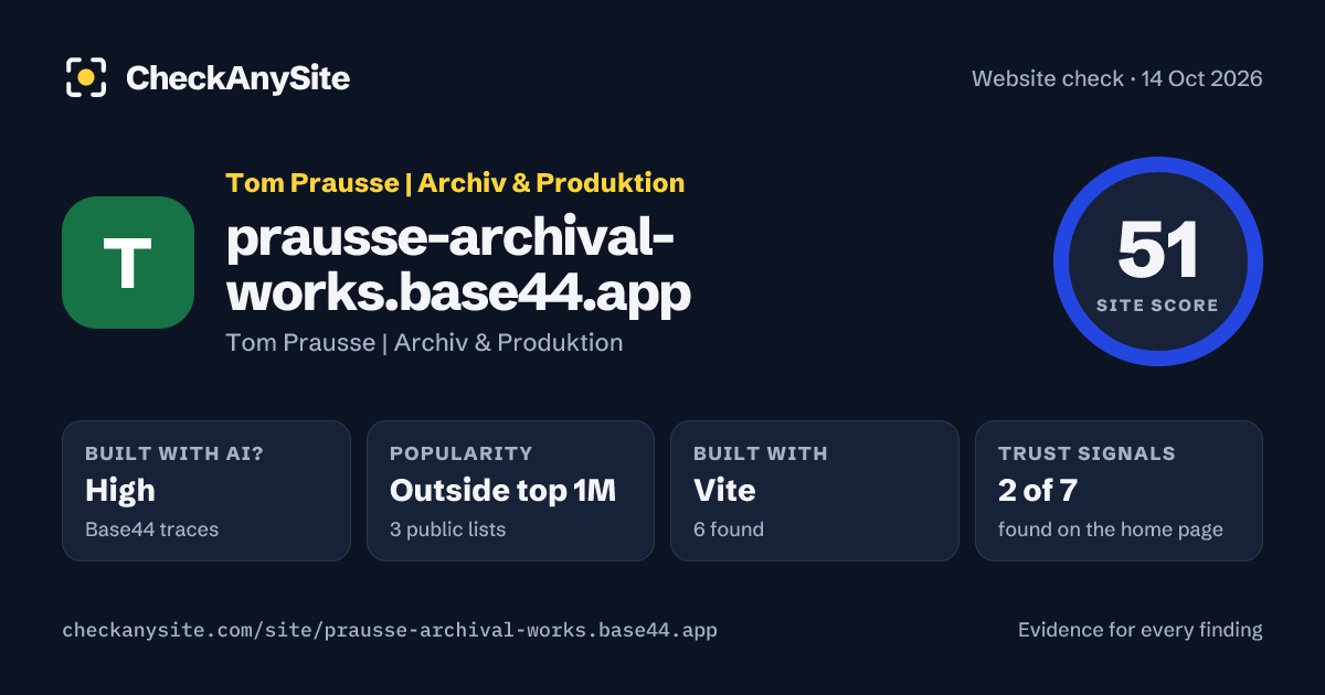 prausse-archival-works.base44.app on CheckAnySite: AI traces high, popularity Outside top 1M, site score 51 of 100.