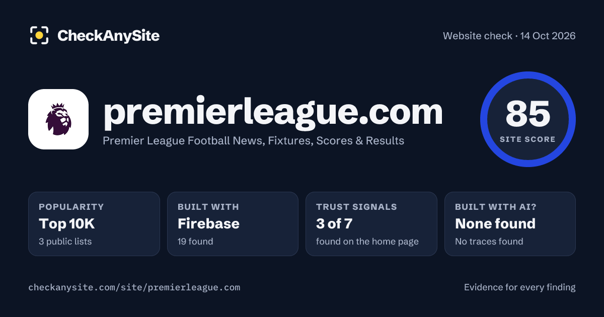 premierleague.com on CheckAnySite: AI traces none found, popularity Top 10K, site score 85 of 100.