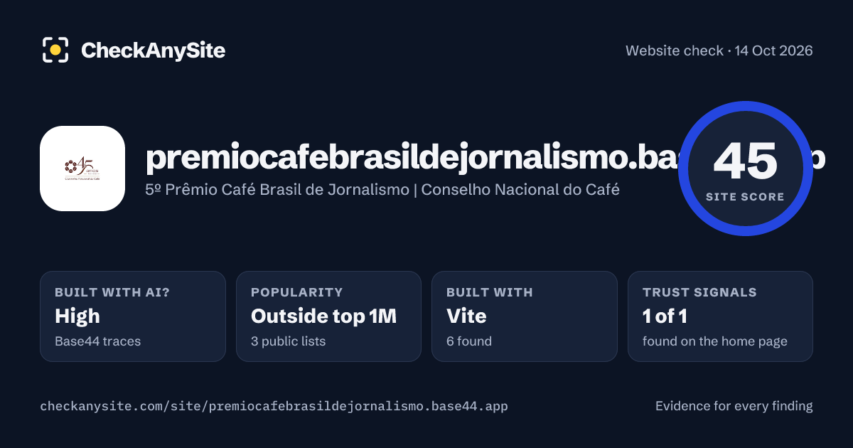 premiocafebrasildejornalismo.base44.app on CheckAnySite: AI traces high, popularity Outside top 1M, site score 45 of 100.