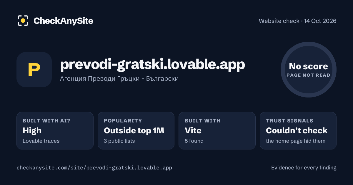 prevodi-gratski.lovable.app on CheckAnySite: AI traces high, popularity Outside top 1M, no score.