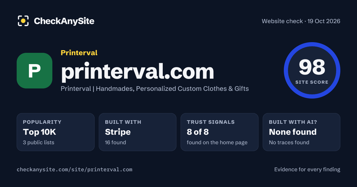 printerval.com on CheckAnySite: AI traces none found, popularity Top 10K, site score 98 of 100.