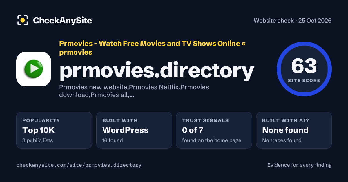 prmovies.directory on CheckAnySite: AI traces none found, popularity Top 10K, site score 63 of 100.