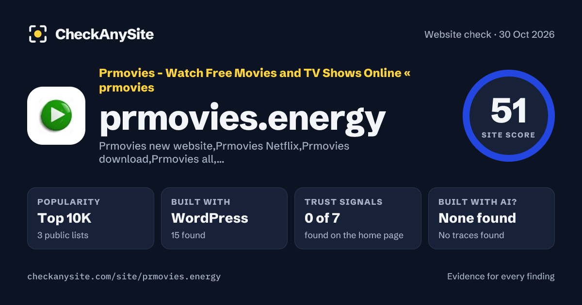 prmovies.energy on CheckAnySite: AI traces none found, popularity Top 10K, site score 51 of 100.